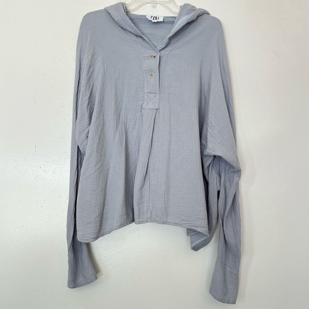 P. Cill Boho Gauze Hooded Blouse Large Grayish Blue Oversized Breezy Cotton Top